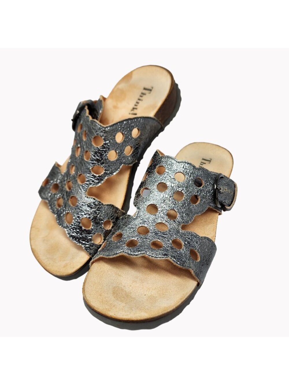 Think! Mizzi Womens Size 8 Silver Leather Cut-Out Mule Sandals